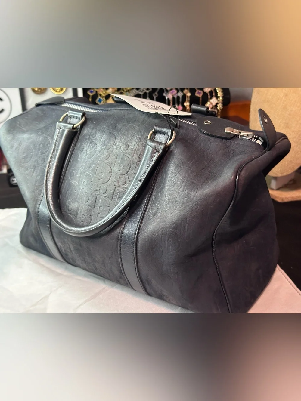 Christian Dior Boston Bag Suede Navy Silver Authentic